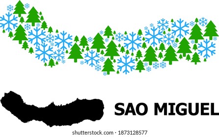 Vektormosaikkarte von Sao Miguel Island, organisiert für Neujahr, Weihnachten und Winter. Die Mosaikkarte der Insel Sao Miguel ist aus Schnee und Tannenwald organisiert.