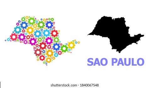 Vektormosaikkarte des Staates Sao Paulo für Dienstleistungen organisiert. Die Mosaikkarte des Staates Sao Paulo ist mit verstreuten, hellen Zahnrädern geformt. Ingenieurskomponenten in hellen Farben.