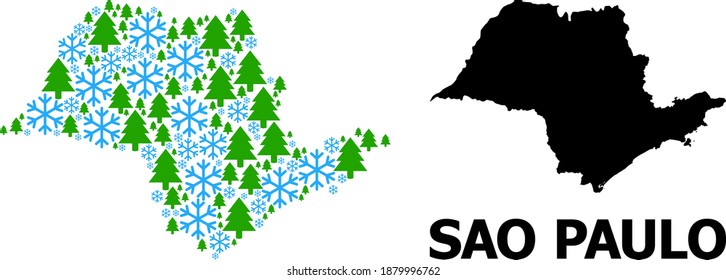 Vector mosaic map of Sao Paulo State created for New Year, Christmas, and winter. Mosaic map of Sao Paulo State is created from snow and fir trees.