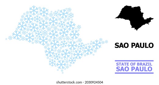 Vector mosaic map of Sao Paulo State created for New Year, Christmas celebration, and winter. Mosaic map of Sao Paulo State is made with light blue snow flakes.