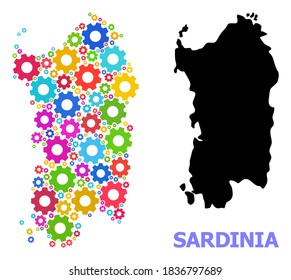Vektormosaikkarte der Region Sardinien, konstruiert für Ingenieurskunst. Die Mosaikkarte der Region Sardinien ist mit verstreuten, mehrfarbigen Buchten gebaut. Ingenieurskunst in hellen Farben.