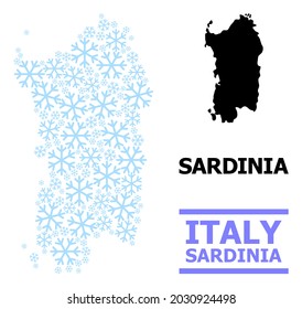 Vector mosaic map of Sardinia region organized for New Year, Christmas celebration, and winter. Mosaic map of Sardinia region is organized from light blue snow elements.