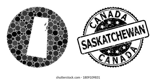 Vector mosaic map of Saskatchewan Province of circle dots, and gray rubber seal stamp. Hole circle map of Saskatchewan Province collage designed with circles in different sizes,