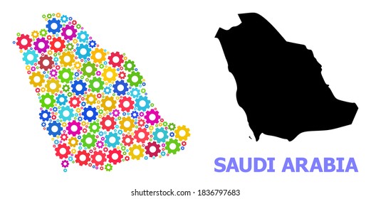 Vector mosaic map of Saudi Arabia done for workshops. Mosaic map of Saudi Arabia is done with randomized colored cogs. Engineering items in bright colors.