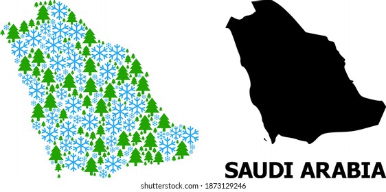 Vektormosaikkarte Saudi-Arabiens für Neujahr, Weihnachten und Winter. Die Mosaikkarte Saudi-Arabiens ist von Schneeflocken und Tannenwald organisiert.