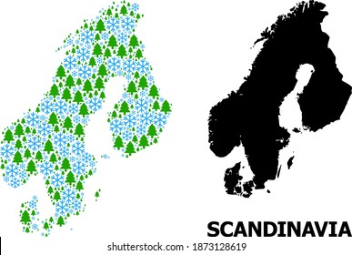 Mapa vectorial de mosaicos de Escandinavia combinado para Año Nuevo, Navidad e invierno. El mapa mosaico de Escandinavia tiene forma de copos de nieve y abetos.