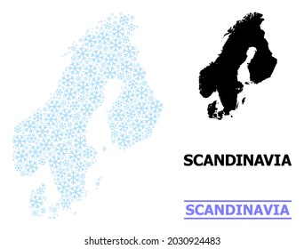 Mapa vectorial de mosaicos de Escandinavia hecho para Año Nuevo, Navidad y invierno. El mapa mosaico de Escandinavia está hecho con copos de nieve azul claro.