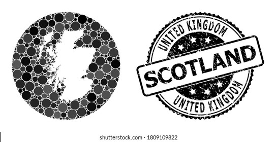 Vektormosaikkarte von Schottland mit runden Punkten und grauem Wasserzeichen. Subtraktionsrunde Karte der schottischen Collage erstellt mit Kreise in verschiedenen Größen und dunkelgrauen Farbtönen.