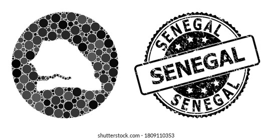 Vektor-Mosaik-Karte des Senegals mit kugelförmigen Punkten und grauem Grunge-Stempel. Subtraktionsrunde Karte der senegalesischen Collage mit Kreise in verschiedenen Größen und dunkelgrauen Farbtönen.