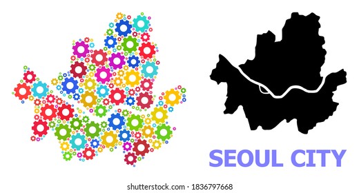 Vector mosaic map of Seoul Municipality created for industrial apps. Mosaic map of Seoul Municipality is constructed with scattered bright cogs. Engineering items in bright colors.