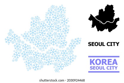 Vector mosaic map of Seoul Municipality combined for New Year, Christmas celebration, and winter. Mosaic map of Seoul Municipality is designed of light blue snow items.