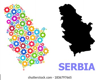 Mapa de mosaico vectorial de Serbia diseñado para mecánica. El mapa mosaico de Serbia está construido con ruedas de engranajes brillantes al azar. Artículos de ingeniería de colores vivos.