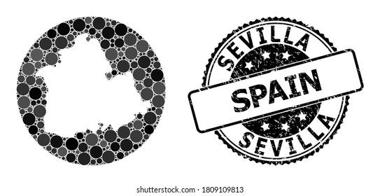 Vector mosaic map of Sevilla Province with round items, and gray scratched stamp. Subtraction circle map of Sevilla Province collage created with circles in various sizes, and dark gray color tinges.