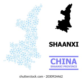 Vector mosaic map of Shaanxi Province organized for New Year, Christmas celebration, and winter. Mosaic map of Shaanxi Province is designed of light blue snow elements.