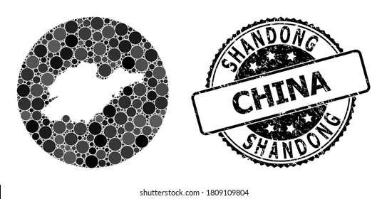 Mapa de mosaicos vectoriales de la provincia de Shandong con elementos esféricos y foco de grunge gris. Mapa redondo de la resta del collage de la provincia de Shandong creado con círculos de diferentes tamaños,