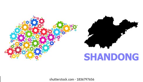 Mapa de mosaicos vectoriales de la provincia de Shandong organizado para servicios. El mapa mosaico de la provincia de Shandong se compone de tazas brillantes al azar. Componentes de ingeniería en colores brillantes.