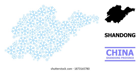 Vector mosaic map of Shandong Province organized for New Year, Christmas celebration, and winter. Mosaic map of Shandong Province is organized with light blue snow icons.