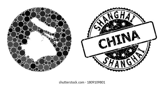 Vector mosaic map of Shanghai Municipality from round dots, and grey watermark stamp. Subtraction circle map of Shanghai Municipality collage composed with circles in different sizes,