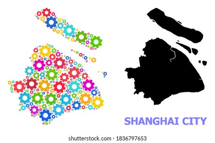 Vector mosaic map of Shanghai Municipality combined for services. Mosaic map of Shanghai Municipality is designed from scattered bright gear wheels. Engineering items in bright colors.