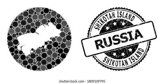 Vector mosaic map of Shikotan Island with spheric spots, and gray grunge seal. Stencil round map of Shikotan Island collage created with circles in different sizes, and dark gray color hues.