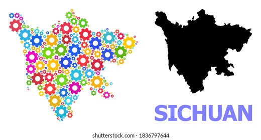 Vector mosaic map of Sichuan Province created for workshops. Mosaic map of Sichuan Province is created of randomized colorful gear wheels. Engineering items in bright colors.