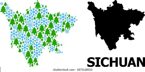 Vector mosaic map of Sichuan Province created for New Year, Christmas, and winter. Mosaic map of Sichuan Province is constructed from snow flakes and fir trees.