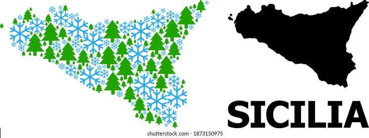 Mapa vectorial de mosaico de la isla de Sicilia organizado para Año Nuevo, Navidad e invierno. El mapa mosaico de la isla de Sicilia está construido con árboles de nieve y abetos.