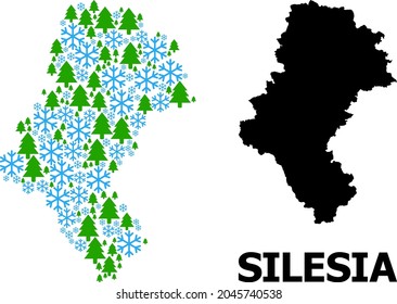 Vector mosaic map of Silesia Province done for New Year, Christmas, and winter. Mosaic map of Silesia Province is done of snowflakes and fir-trees.