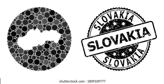 Mapa de mosaicos vectoriales de Eslovaquia con elementos redondos y sello de goma gris. Mapa redondo de tallos de Eslovaquia formado con círculos de varios tamaños, y tonos de color gris oscuro.