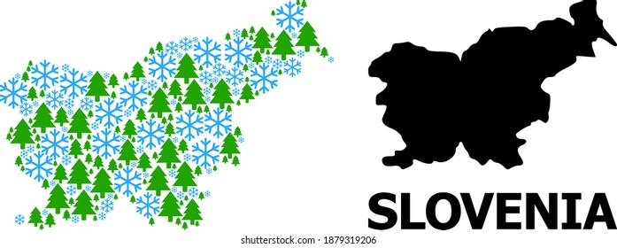 Vector mosaic map of Slovenia organized for New Year, Christmas, and winter. Mosaic map of Slovenia is organized with snow and fir forest.