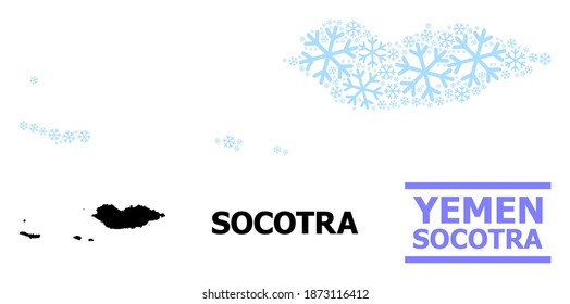 Mapa vectorial de mosaico del archipiélago Socotra combinado para Año Nuevo, Navidad y invierno. El mapa mosaico del archipiélago de Socotra está compuesto de elementos de nieve azul claro.
