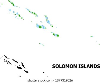 Vector mosaic map of Solomon Islands done for New Year, Christmas, and winter. Mosaic map of Solomon Islands is done with snow and fir trees.