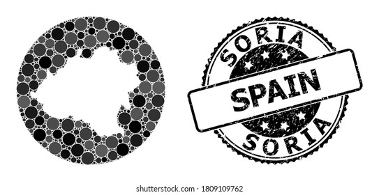 Vector mosaic map of Soria Province with round elements, and gray watermark seal stamp. Subtraction round map of Soria Province collage composed with circles in variable sizes, and dark gray shades.