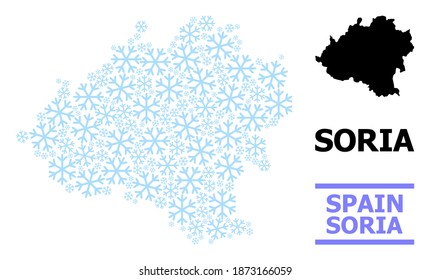 Vector mosaic map of Soria Province organized for New Year, Christmas celebration, and winter. Mosaic map of Soria Province is created from light blue snow parts.