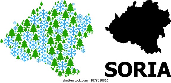 Vector mosaic map of Soria Province created for New Year, Christmas, and winter. Mosaic map of Soria Province is created of snow and fir forest.