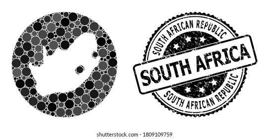 Vector mosaic map of South African Republic with round dots, and gray scratched seal. Hole circle map of South African Republic collage composed with circles in variable sizes,