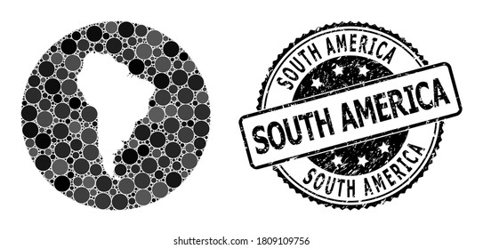 Mapa de mosaicos vectoriales de Sudamérica con elementos esféricos y foca rayada gris. Mapa circular de esténcil del collage sudamericano diseñado con círculos de tamaños variables y tintes de color gris oscuro.