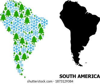 Mapa de mosaicos vectoriales de Sudamérica organizado para Año Nuevo, Navidad e invierno. Mapa mosaico de Sudamérica organizado con nieve y bosque de abetos.