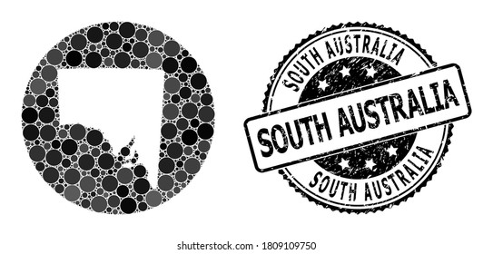 Vector mosaic map of South Australia with circle spots, and grey watermark seal stamp. Stencil circle map of South Australia collage designed with circles in various sizes, and dark grey color tints.