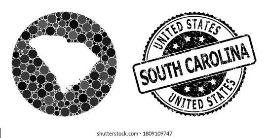 Mapa de mosaicos vectoriales del estado de Carolina del Sur con elementos de círculo y sello de sello de sello de marca de agua gris. Mapa de círculo de esténcil del collage del estado de Carolina del Sur formado con círculos de varios tamaños,