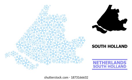 Vector mosaic map of South Holland constructed for New Year, Christmas celebration, and winter. Mosaic map of South Holland is constructed with light blue snow.