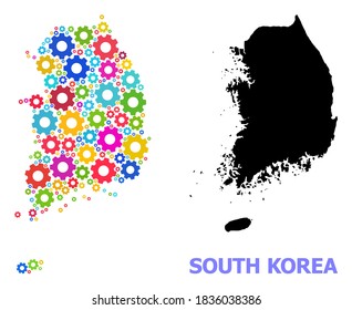 Vector mosaic map of South Korea done for engineering. Mosaic map of South Korea is organized of random colored gears. Engineering items in bright colors.