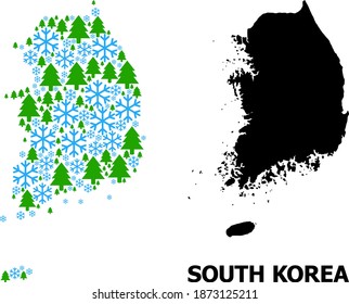 Vektormosaikkarte Südkoreas für Neujahr, Weihnachten und Winter. Die Mosaikkarte Südkoreas besteht aus Schneeflocken und Tannenbäumen.