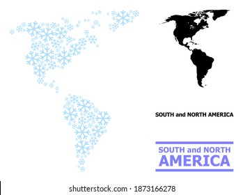 Mapa vectorial de mosaicos de América del Sur y del Norte creado para Año Nuevo, celebración de Navidad e invierno. Mapa mosaico de América del Sur y del Norte creado a partir de elementos de nieve azul claro.