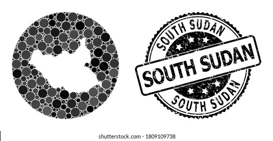 Mapa de mosaicos vectoriales de Sudán del Sur con puntos redondos y sello de marca de agua gris. Mapa redondo de resta del collage de Sudán del Sur compuesto por círculos de tamaños variables y tonos de color gris oscuro.