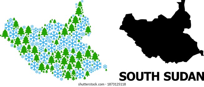 Mapa de mosaico vectorial de Sudán del Sur hecho para Año Nuevo, Navidad e invierno. Mapa mosaico de Sudán del Sur creado de copos de nieve y abetos.