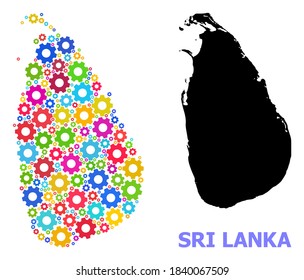 Vektor-Mosaik-Karte von Sri Lanka für Ingenieurwesen getan. Die Mosaikkarte Sri Lankas wird mit verstreuten bunten Zahnrädern erstellt. Ingenieurskunst in hellen Farben.