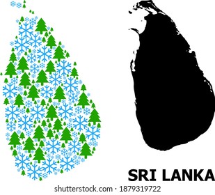 Mapa de mosaicos vectoriales de Sri Lanka creado para Año Nuevo, Navidad e invierno. Mapa de mosaicos de Sri Lanka creado con árboles de nieve y abetos.