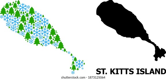 Vector mosaic map of St Kitts Island created for New Year, Christmas, and winter. Mosaic map of St Kitts Island is composed with snow flakes and fir-trees.