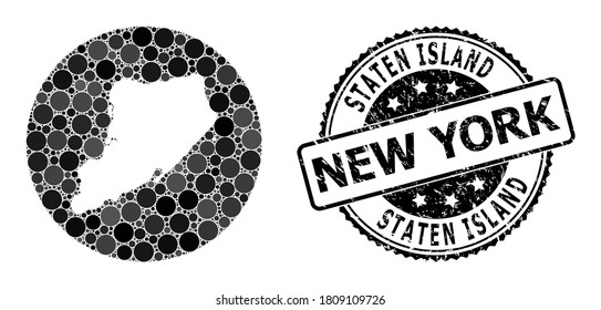 Vector mosaic map of Staten Island with circle spots, and gray watermark seal stamp. Hole circle map of Staten Island collage formed with circles in various sizes, and dark gray color tones.
